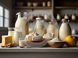 A variety of dairy products. Milk in glass decanters, cheese, cottage cheese. photo
