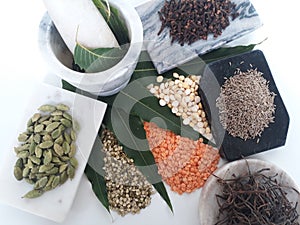 Variety of dal in India on a plain white background