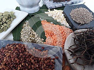 Variety of dal in India on a plain white background