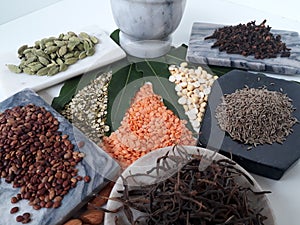 Variety of dal in India on a plain white background