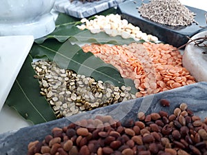 Variety of dal in India on a plain white background