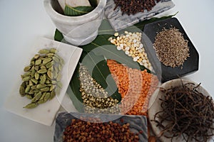 Variety of dal in India on a plain white background