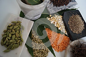 Variety of dal in India on a plain white background