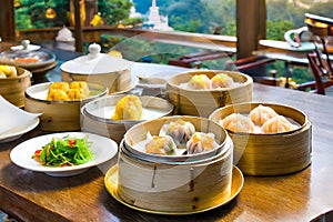 A variety of delicious dim sum in bamboo steamers, showcasing culinary diversity