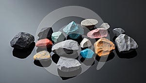 A variety of different colored rocks on a black surface