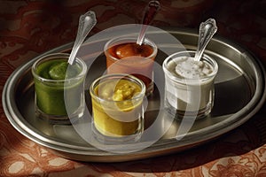 Variety of Different Dips Displayed in Glass Cylinders on a Silver Platter