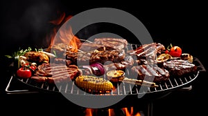 Variety of different meat grilling on a portable barbecue over a dark background.