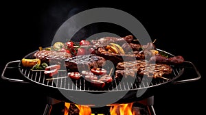 Variety of different meat grilling on a portable barbecue over a dark background.