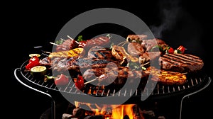 Variety of different meat grilling on a portable barbecue over a dark background.