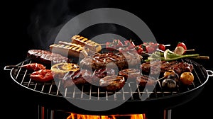 Variety of different meat grilling on a portable barbecue over a dark background.