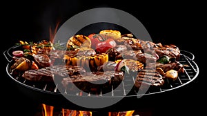 Variety of different meat grilling on a portable barbecue over a dark background.