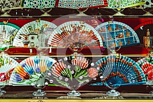 A variety of different Spanish hand fans on display for sale, Sevilla Seville , Andalucia, Spain