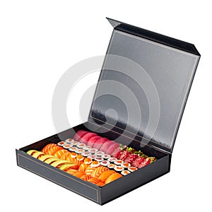 Variety of different sushi and rolls fro, salmon and tuna in the black gift box