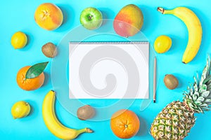 Variety of Different Tropical and Seasonal Summer Fruits. Pineapple Mango Coconut Citrus Oranges Lemons Apple Kiwi Bananas Notepad