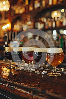 Assorted Beer Glasses Lined on Bar Counter