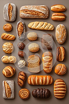 A variety of different types of bread on a brown background