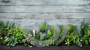 Variety of different types of herbs displayed neatly on table. Can be used for culinary or herbal