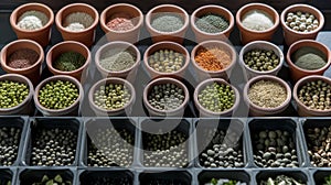 A variety of different vegetable seeds neatly organized and labeled in small pots ready to be sown in the garden photo
