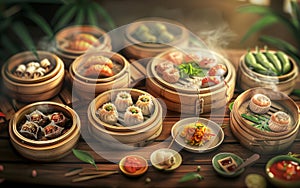 A variety of dim sum in bamboo steamers, beautifully arranged on a wooden table with garnishes.