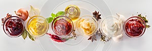 Variety of dips, marinades and sauces with spices photo