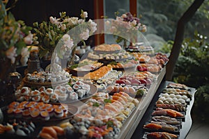 A variety of dishes arranged on a buffet table, including sushi and sashimi, seen from above
