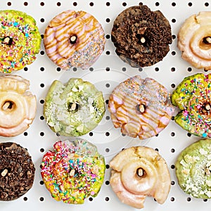 Variety of donuts on a peg board