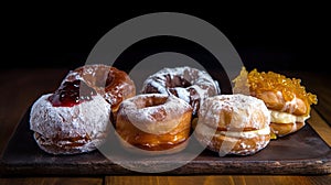 a variety of donuts on a wooden cutting board