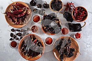 variety of dried chili peppers, top down photo