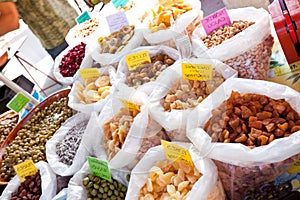 Variety of dried fruits on display in store