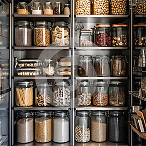 Variety of dried goods in glass jars are meticulously organized on modern black shelving, showcasing a neat and