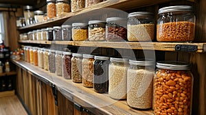 Variety of dried legumes and grains displayed in glass jars on wooden shelves in a rustic setting. Generative AI photo