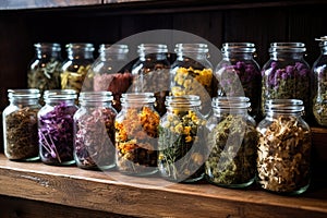 variety of dried medicinal herbs in glass jars