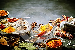 Variety of dried spices for Asian cooking