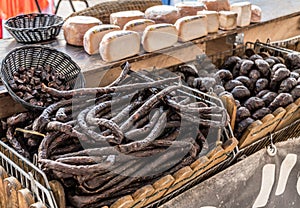 Variety of dry cured sausage products and meat