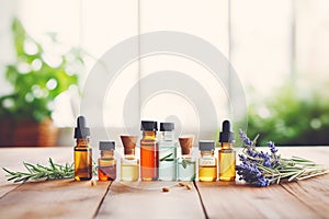 a variety of essential oils bottles on a wooden table