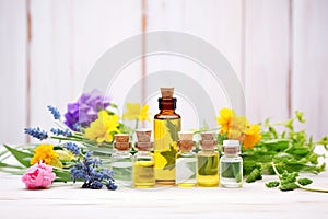 variety of essential oils with fresh herbs and flowers