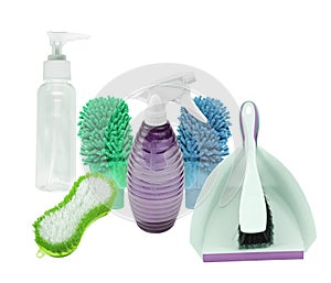 Variety of everyday cleaning tool-dustpan, gloves, spray-can and brush