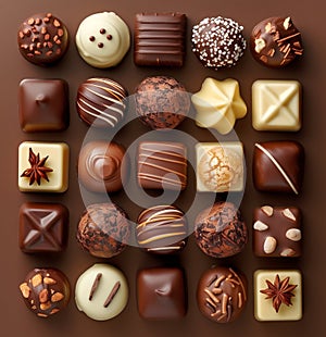 Variety of exquisite chocolates with different toppings photo