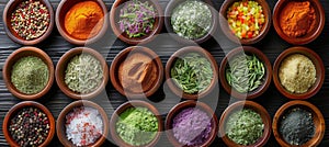 Variety of exquisite gourmet spices displayed in classy wooden bowls on dark backdrop