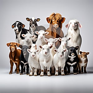 Variety of Farm Animals in Front of White Background