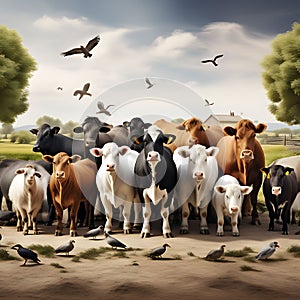 Variety of Farm Animals in Front of White Background