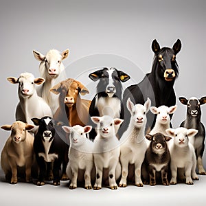 Variety of Farm Animals in Front of White Background