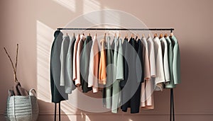 Variety of fashionable garments hanging in modern closet generated by AI