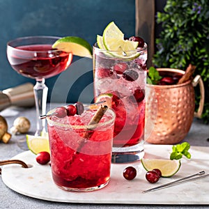 Variety of festive Christmas cocktails with cranberry and lime