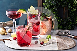 Variety of festive Christmas cocktails with cranberry and lime