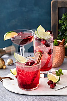 Variety of festive Christmas cocktails with cranberry and lime