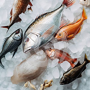 a variety of fish are displayed on ice