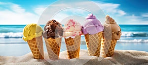 variety flavor colorful ice cream balls in waffle cones in beach sand on sea background.