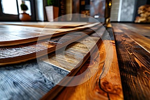 Variety of Flooring Samples Displayed on Wooden Surface. Concept Flooring Samples, Wooden Surface,