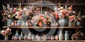 Variety of flowers in vintage vases on a shelf against a dark wooden backdrop